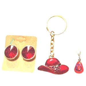 ``RH25770 Red Clip-On Earrings & Key Rings Set